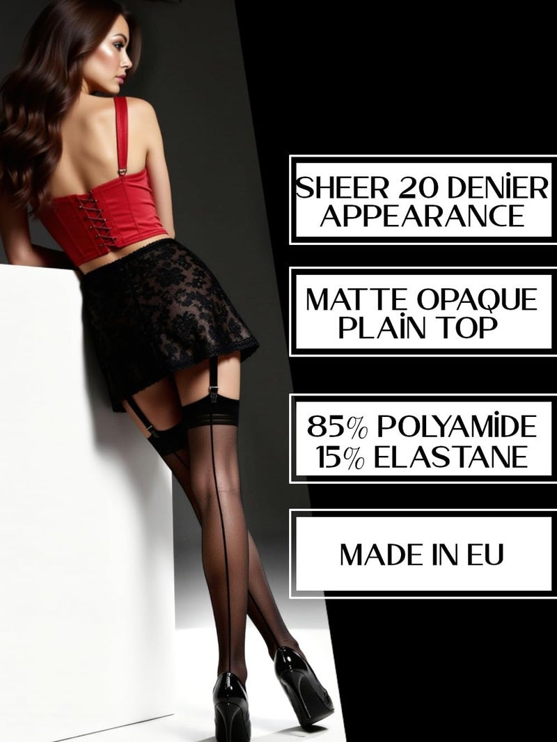 Mila Marutti Women's Seamed Thigh High Stockings | Sheer Pantyhose for Garter Belt | Back Seam Silky Nylons - Black, S - Image 4
